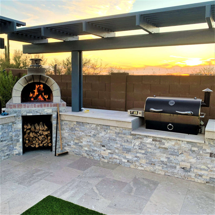 Outdoor Kitchen Grill with Pizza Oven and Extended Side Prep Counters