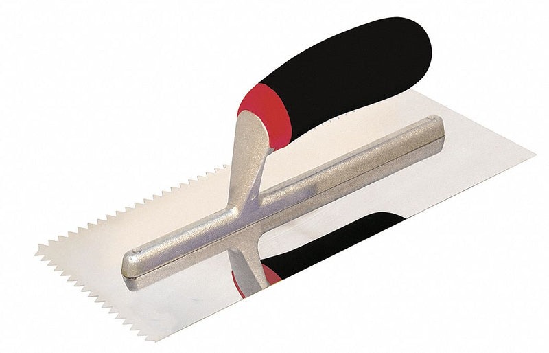 QEP Notched Trowel: 11 in Lg (In.), 4 1/2 in Wd (In.), V-Shaped, 1/4 in Notch Wd (In.)