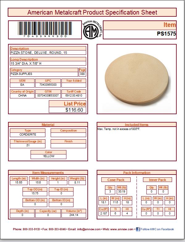 Pizza Stone · PS1575 · Round · Deluxe · 15.75” x 15.75” x .875”